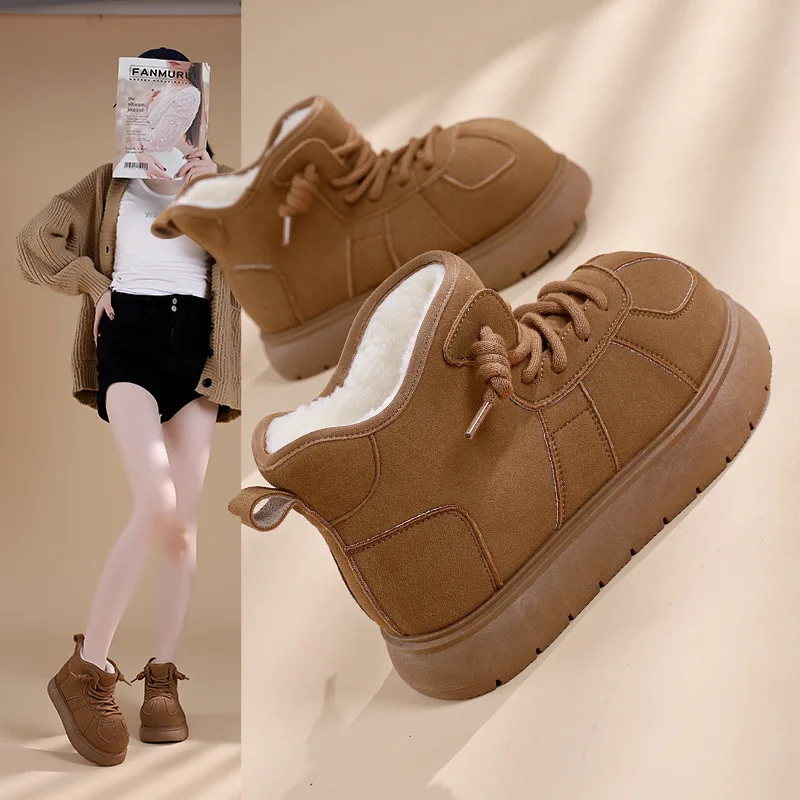 

Fleece Lined Winter Boots Thick Sole Cute Ugly Snow Boots Women's 2024 Winter New Style Matte Leather Short Bread Shoe