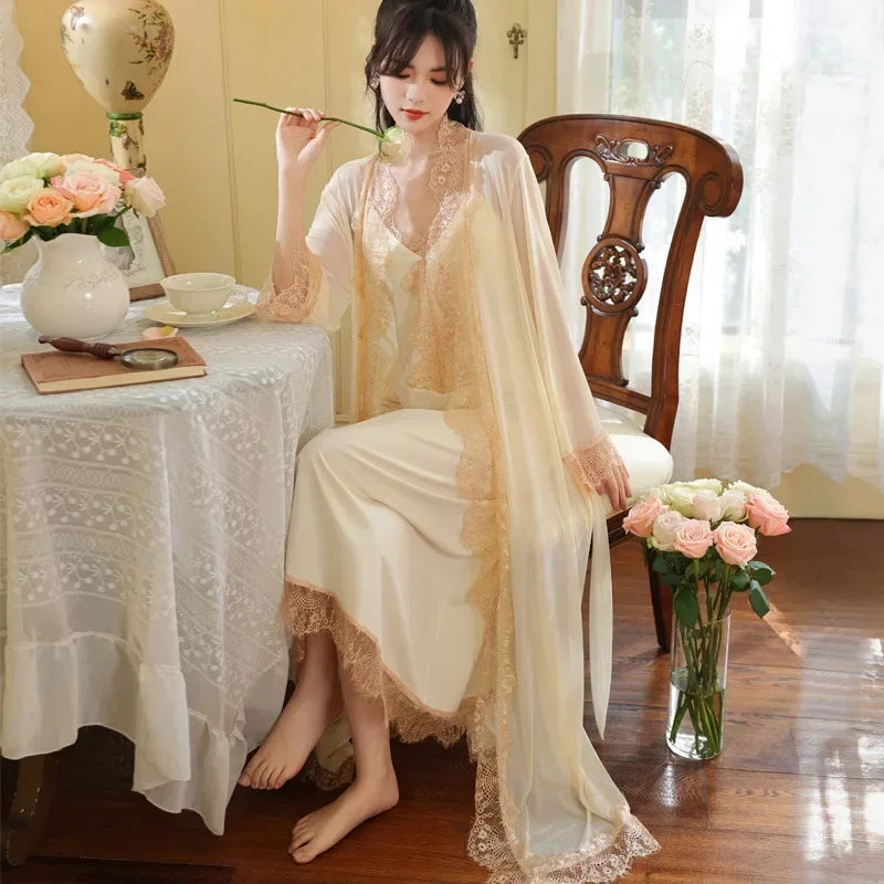 Fairy Cotton Nightgown Robe Sets Women 2 Piece Sexy Sleepwear Sweet Solid Color Long Dressing Gown Lace Peignoir Sleeping Dress