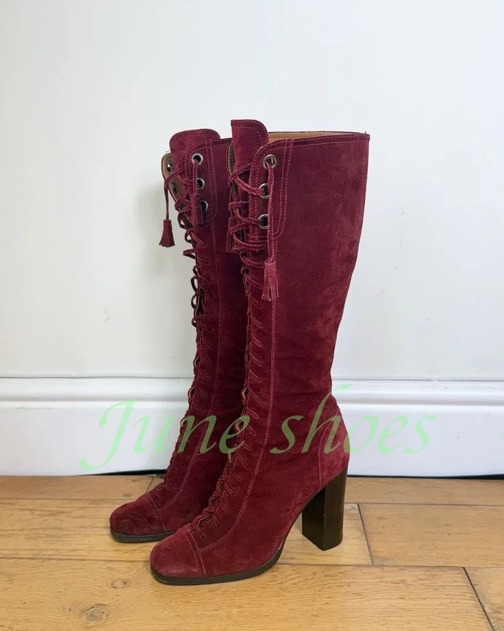 Botas de mujer de ante sintético burdeos hasta la rodilla con cordones, diseño vintage de punta redonda y borlas, estilo retro vaquero del oeste, para fiesta y pasarela, varios tamaños