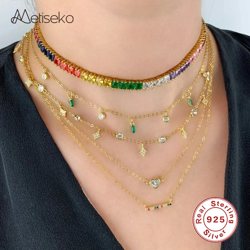 Metiseko 925 Sterling Silver Chain Colorful 5A Cubic Zircon Square Pendants Choker Necklace Plated 14K Gold  Necklace for Women