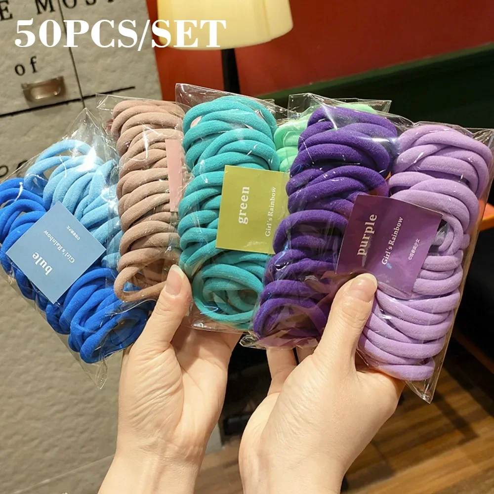 50PCS Colorful Ealstic Hair Rope Ponytail Hold Scrunchie Rubber Band For Women Basic Nylon Hair Bands Elastic Seamless Girls