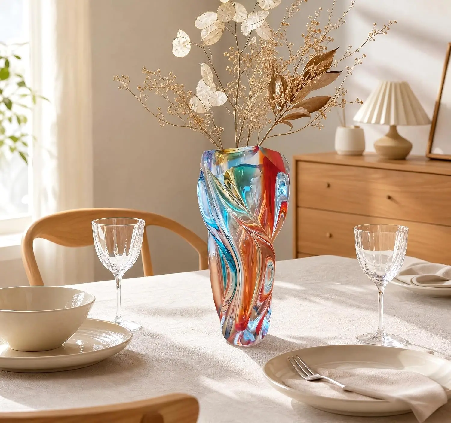 Hand Blown Twisted Multicolor Art Glass Vase, 11.5