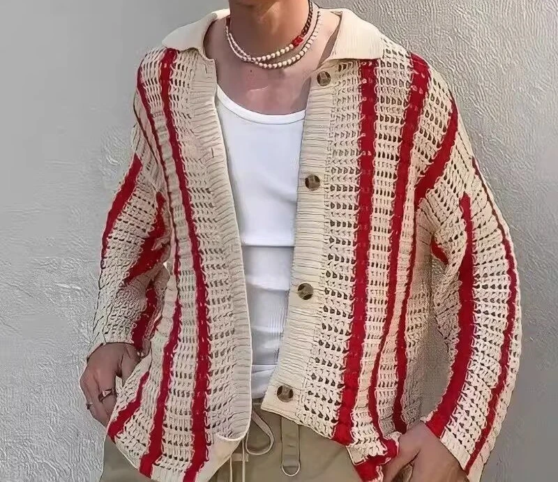 2026 Hollow Striped Knitted Cardigan Men's Loose Collar Jacket Sexy Perspective Contrasting Woolen Fabric