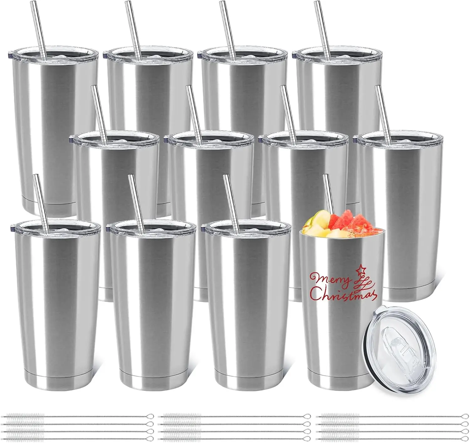 

12 Pack Insulated Coffee Tumbler Stainless Steel Double Wall Vacuum Travel Cup with Lid and Straw, Silver 20oz