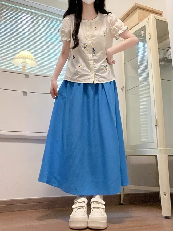 

Summer New Loose Embroidered Short Sleeve Shirt Set Women's A-Line Skirt Two-Piece Set Cotton Anti-Wrinkle Chic