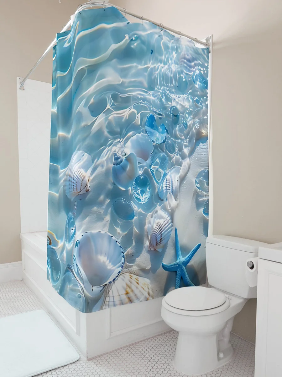 Realistic Blue Ocean Water Ripple Seashell Starfish Beach Print Shower Curtain Waterproof Anti Mildew Polyester Fabric With Free