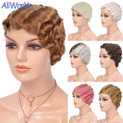 Short Kinky Curly Synthetic Wigs For Black Women African American Finger Wave Daily False Hair Green Pink Golden Wig 6inch