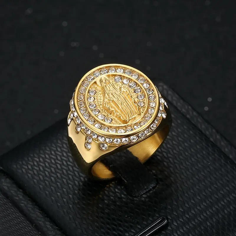 

Men's Gold Tone Religious Ring - Rhinestone Iced Out Religious Jewelry