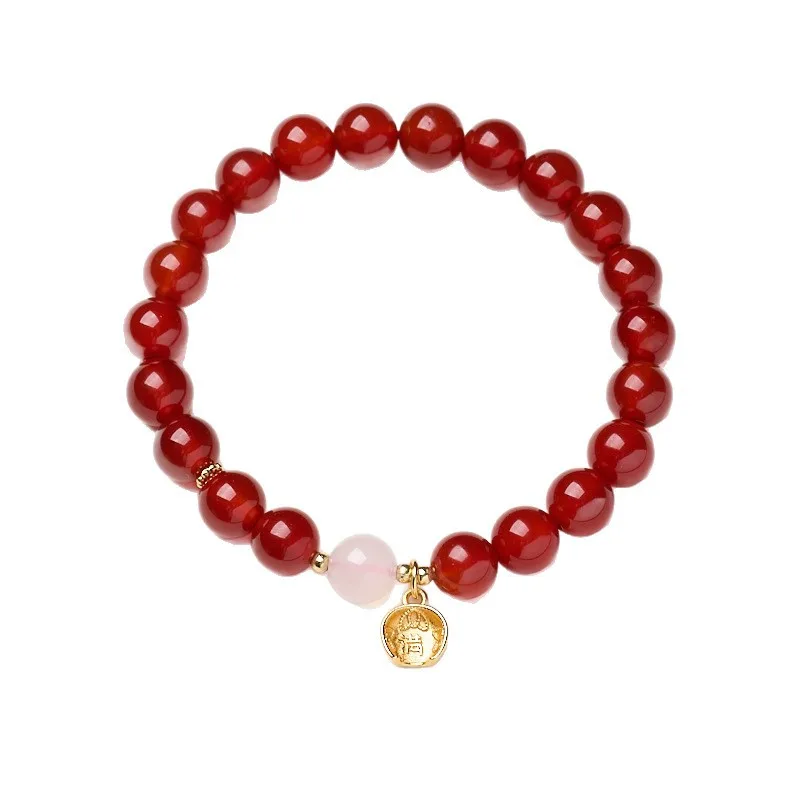 

Natural Red Agate Rose Quartz Beaded Bracelets Luxury Elegant Buddhist Prayer Bead Hand Jewelry for Women Gifts