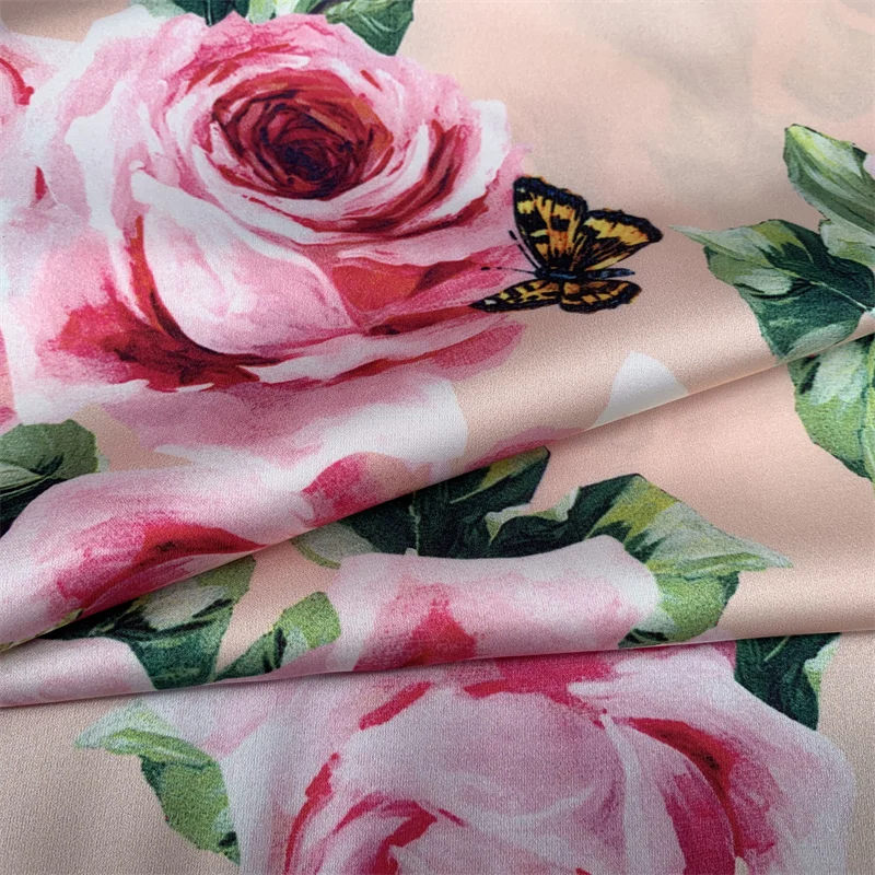 Spring Summer Luxury Brand Rose Butterfly Pattern Digital Printing Stretch Satin Fabric Hand DIY Sewing Dress Material