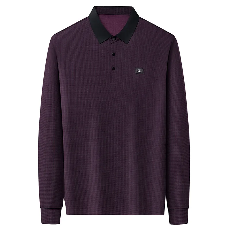 Spring and Autumn Men's Polo Collar Pullover Button Solid Plaid Stripe Long Sleeve T-shirt Fashion Casual Holiday Underlay Tops