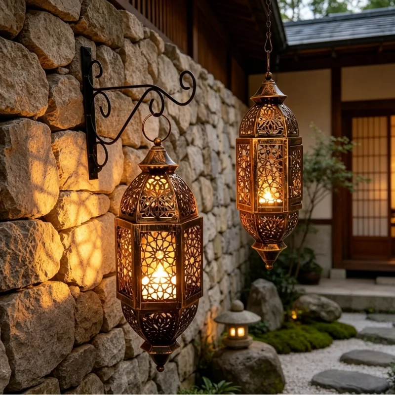 Retro Iron Art Moroccan Lantern Candelabra Candle Holder Hollow Out Candelabra Hurricane Lamp Hanging Decoration Ornaments