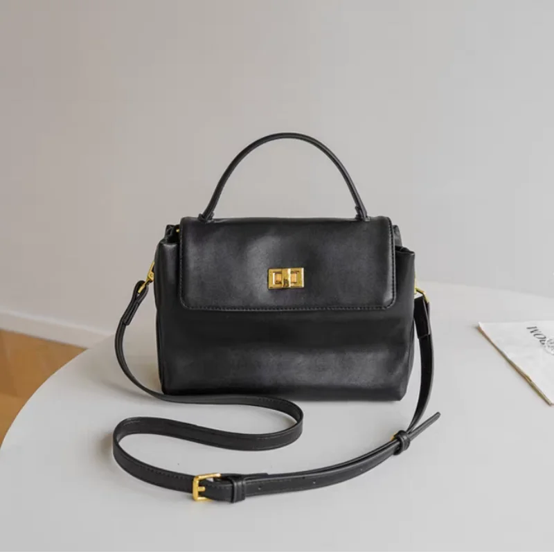 

High Quality PU Leather Handbag Gold Lock Design Tote Bag Versatile Crossbody Bags With Long Shoulder Strap Commuting Briefcase