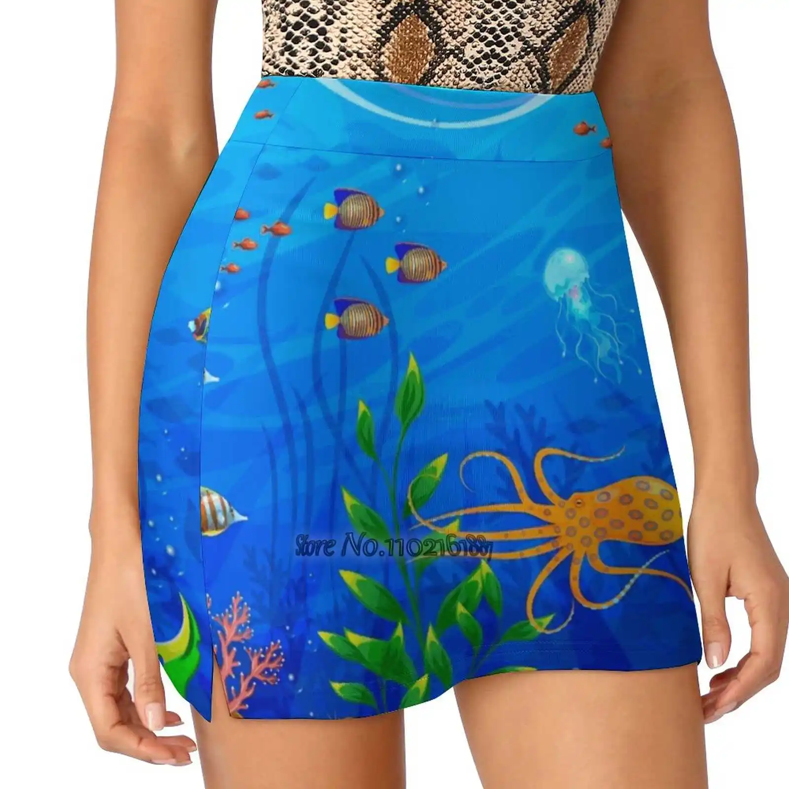 Underwater World Fake Two-Piece Hakama Skirt Women Pencil Skirts Workout Sports Mini Skirt Underwater World Sea Bottom Plants