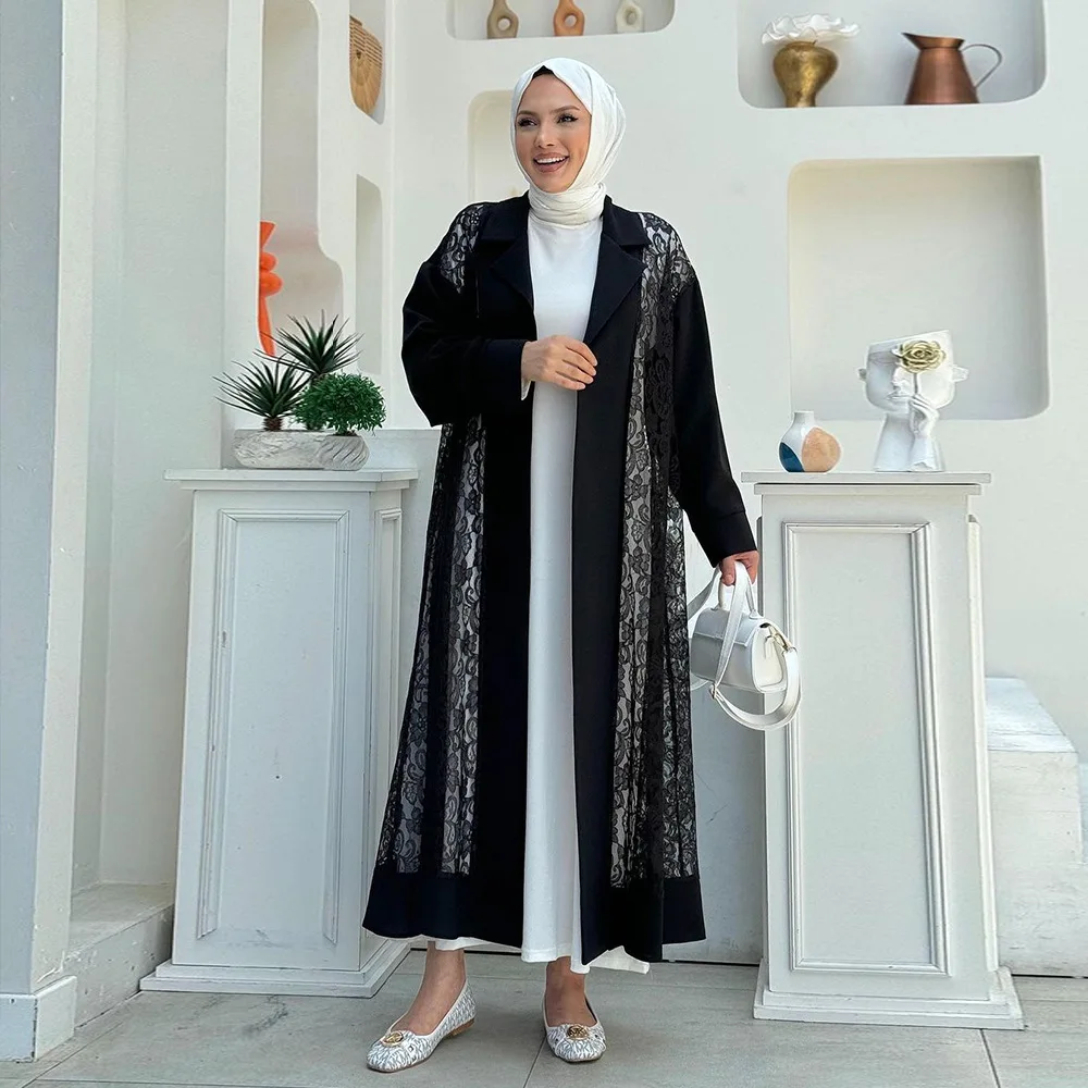 

Fashion Lace Muslim Women Lapel Maxi Dress Open Abaya Dubai Kaftan Eid Jalabiya Kebaya Turkey Caftan Marocain Femme Kimono Robe