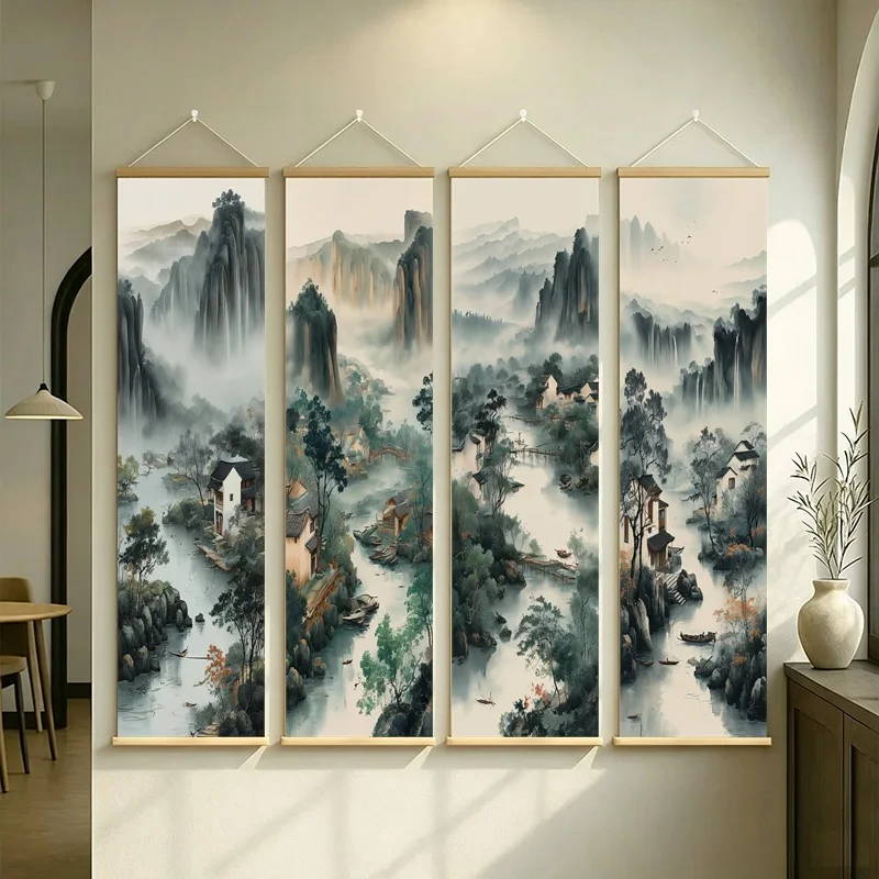 Misty Mountain River Wall Scroll Chinese Ink Wash Landscape Art on Pearlescent Canvas with Wooden Rods for Zen Home Decor