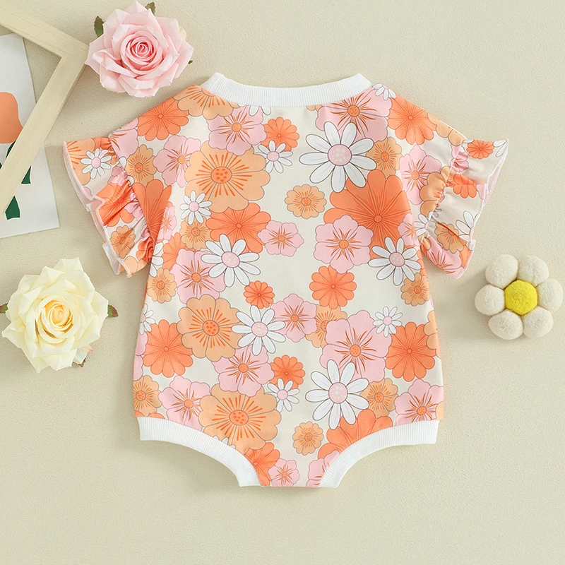 Baby Girl Flower Romper Cute Round Neck Short Sleeve Frill Trim Jumpsuit Infant Toddler Girl Summer Clothes