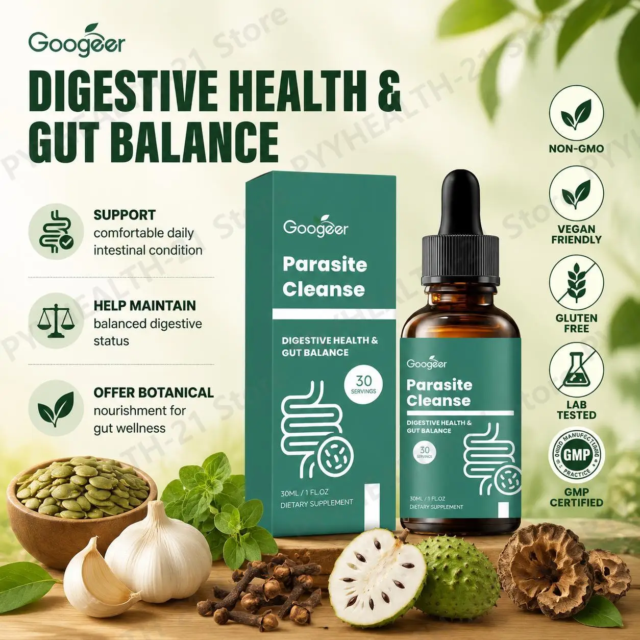 Googeer Intestinal Care Drops with Pumpkin Seed and Garlic Support Daily Intestinal Comfort Gut Balance 30 Servings Non GMO