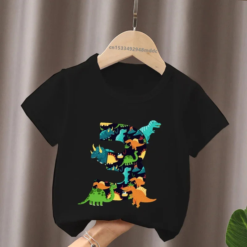 T-shirt do aniversário das crianças, dinossauro diferente, tiranossauro rex, número, arco, aniversário, 1, 2, 3, 4, 5, 6, 7, 8, 9 anos