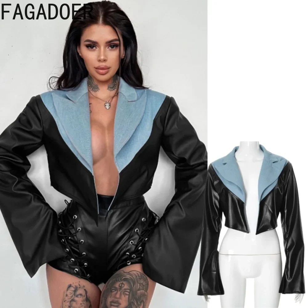 

FAGADOER Punk Leather Jacket Women Fashion Flare Long Sleeve Denim Patchwork Crop Jackets Hot Girl Y2K Streetwear Coats 2025