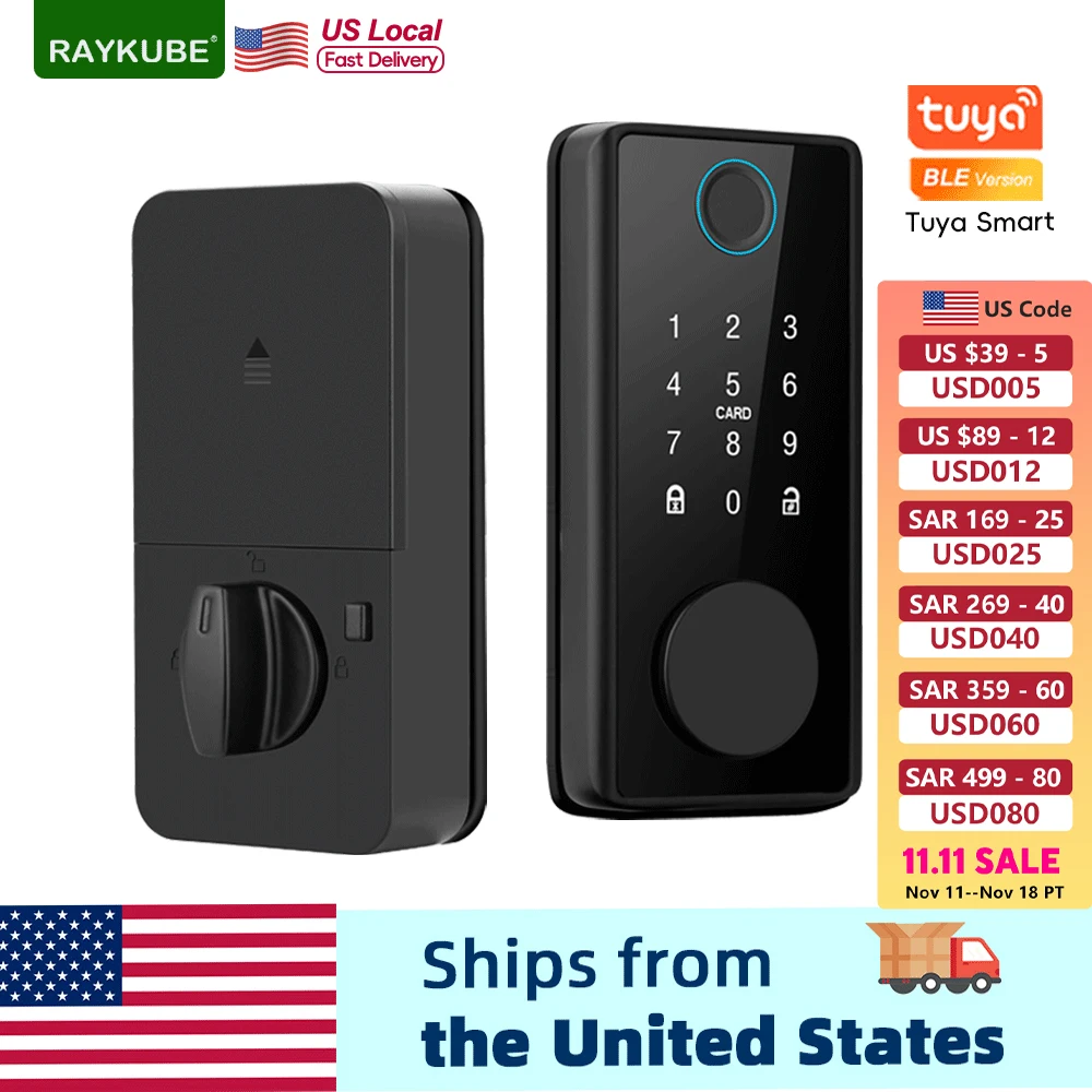 

RAYKUBE 4-language Tuya Smart Fingerprint Deadbolt Lock with Door Sensor Auto Lock Key/Password/Card/ Tuya APP Unlock From USA