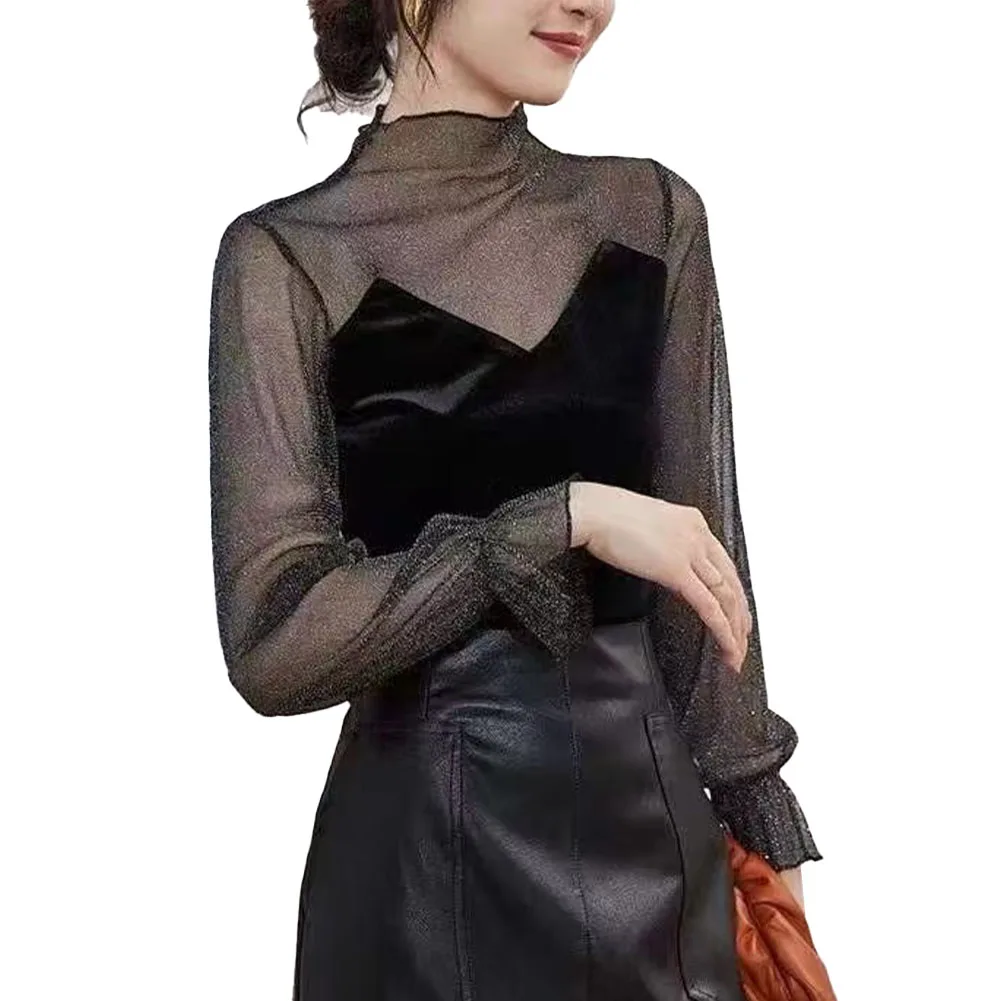 Durable Tops T Shirt Turtle Velvet Collar Dynamic Half Lace Mesh Microelasticity Polyester Refined Casual Daily