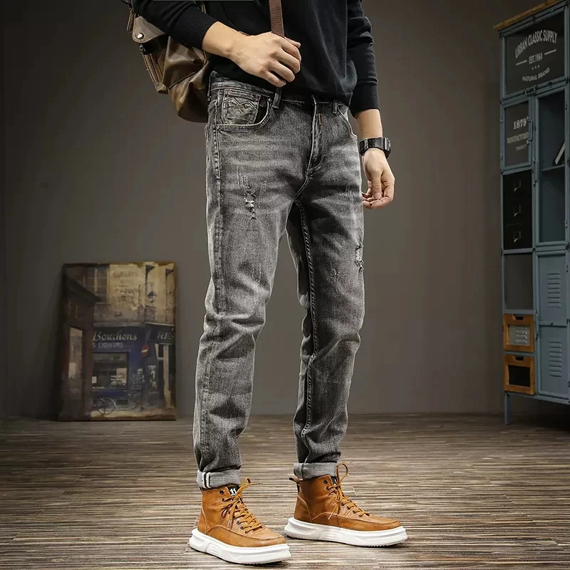 Fashion Designer Men Jeans Retro Black Gray Stretch Slim Fit Ripped Jeans Men Hole Trousers Vintage Casual Denim Pants Hombre