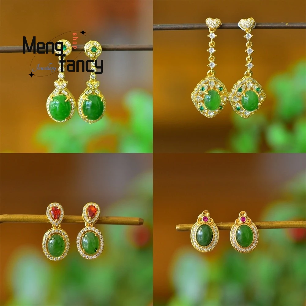 Vintage Hollow Openwork Cloisonne Enamel Round Natural Green Jade Dangle Copper Inlay Earrings Earring Popular Female Jewelry