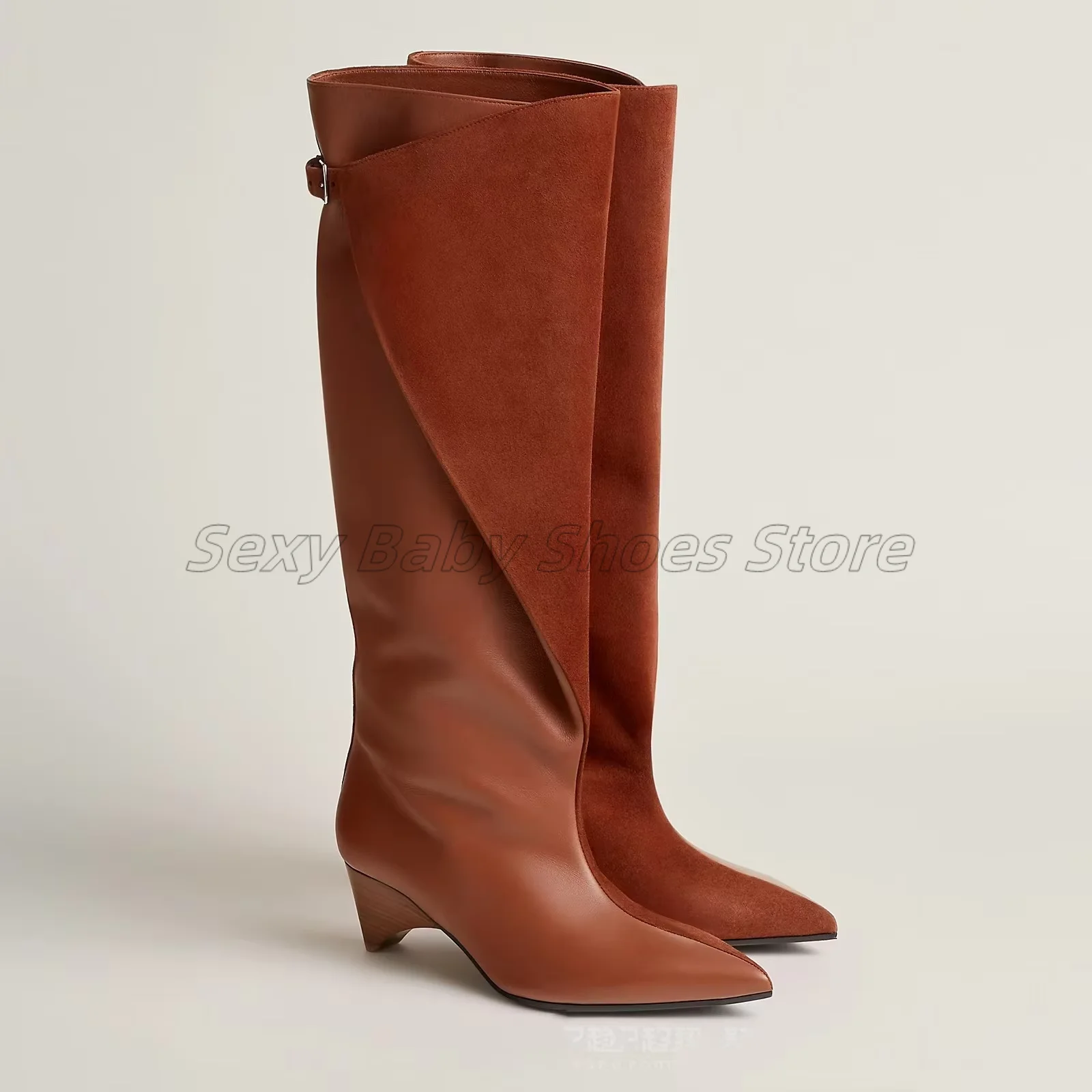 

Pointed Color Blocked Thick Heel Knee High Boots with Sleeves, Oversized Fashion Boots, Sleeves, Chimneys, Women's High Boots