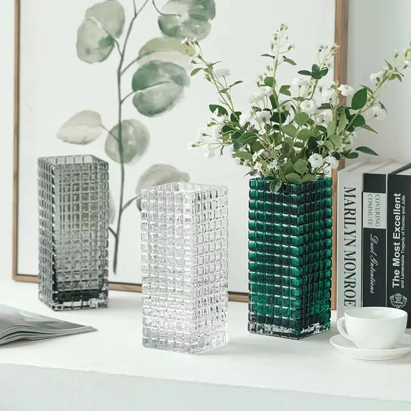 Glass Vase Square Transparent Flower Arrangement Hydroponic Accessories Tartan Terrarium Home Decoration