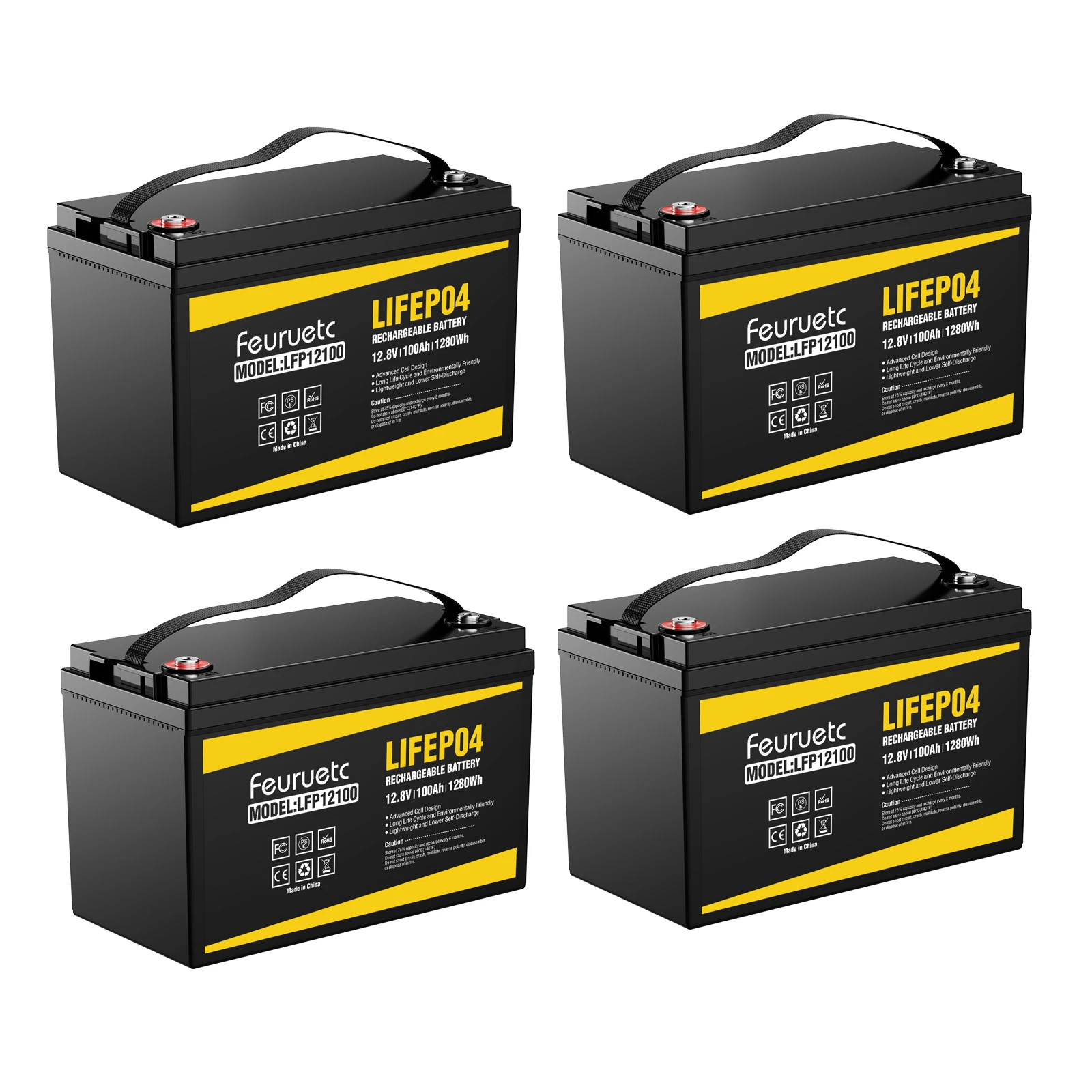 12V 100Ah LiFePO4 Lithium Battery,5000+ Deep Cycles Rechargeable Iron Phosphate Battery with BMS, Suitable for RV,Marine（4PCS)