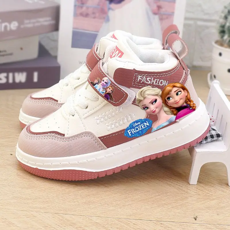 Disney Shoes Girls Warm Kids Children Shoes White Pink Winter Children High-Top Casual PU Leather Sneakers Size 22-32