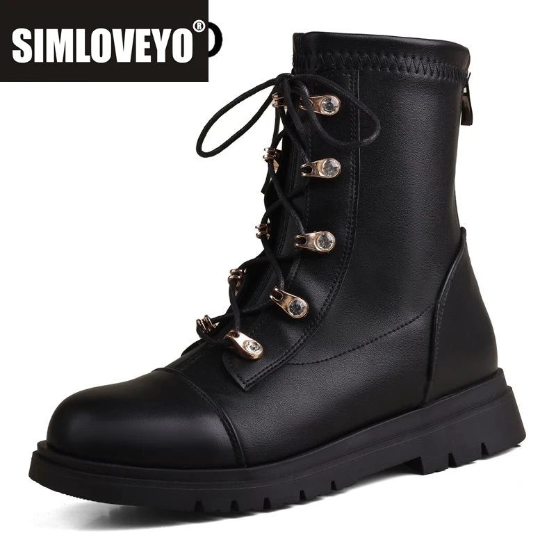 

SIMLOVEYO Блестящие женские сапоги до середины икры с круглым носком на толстом каблуке 3 см на молнии со шнуровкой размера плюс 41 42 43 Повседневная винтажная повседневная обувь для девочек Bota