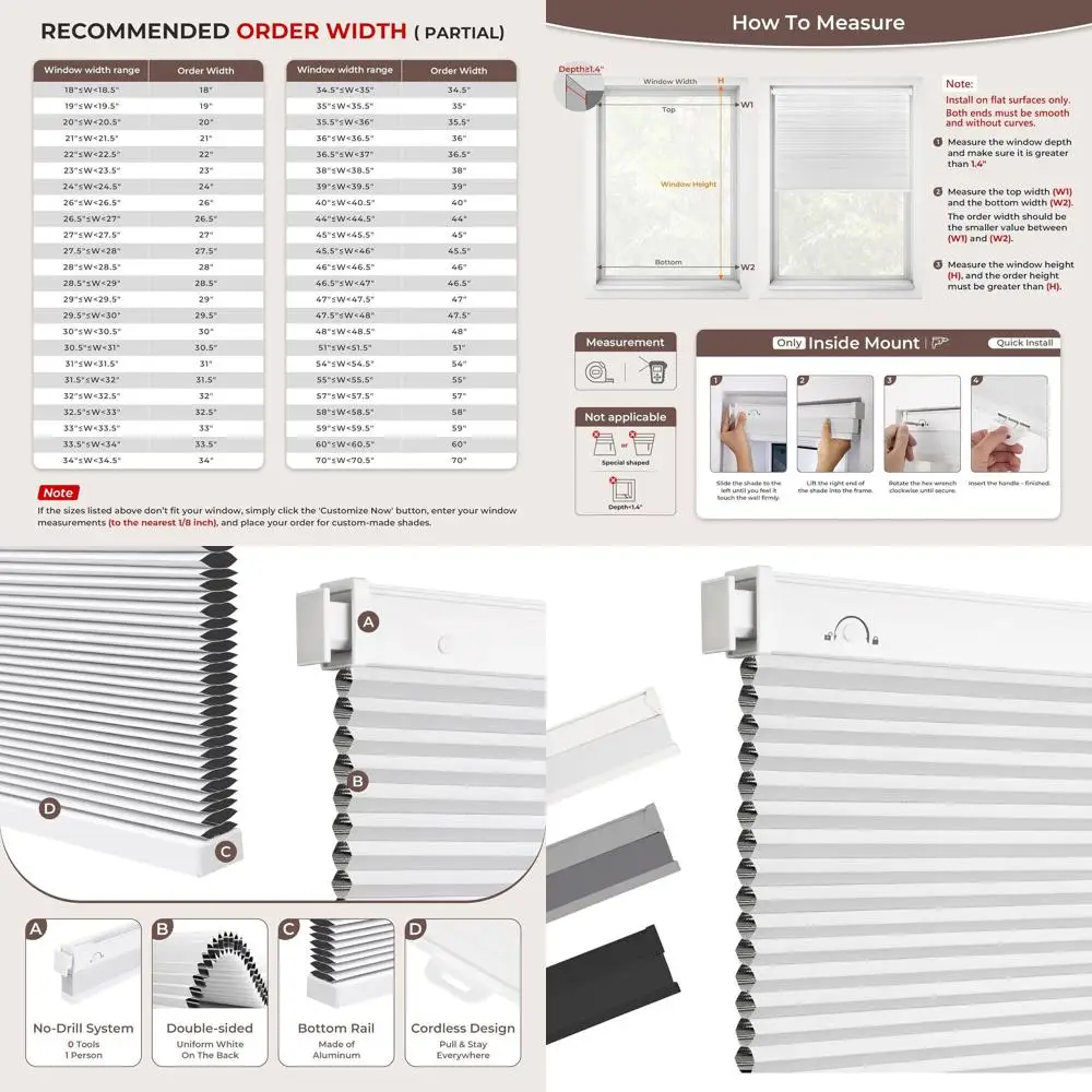 

Cordless Blackout Cellular Shades, No Drill, Easy Install, White, 34x64 for Home/Office