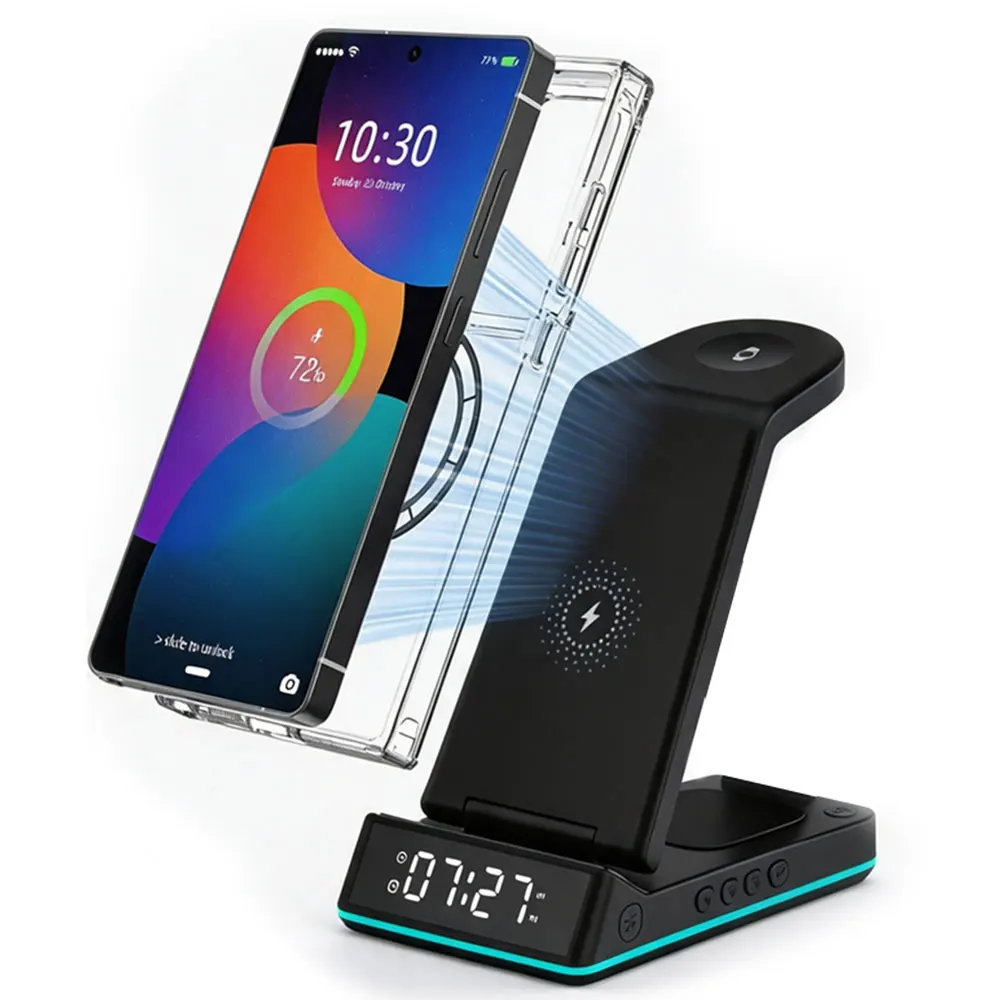 4-in-1折りたたみ式ワイヤレス充電ドック目覚まし時計、samsung-s26-s25-galaxy-watch-8-7-6-5-4-3-buds-pro-2用高速充電ステーション