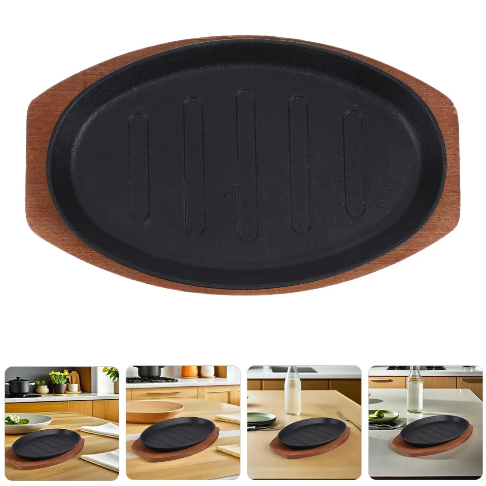 Cast Iron Steak Platter 12 Inch Sizzling Plate Grill Pan Grill Marks Steak Serving Plate Teppanyaki Barbecue Pan