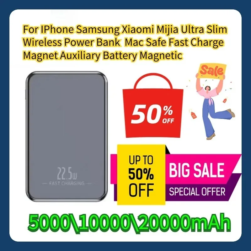 

For IPhone Samsung Xiaomi Mijia Ultra Slim Wireless Power Bank 5000mAh Mac Safe Fast Charge Magnet Auxiliary Battery Magnetic