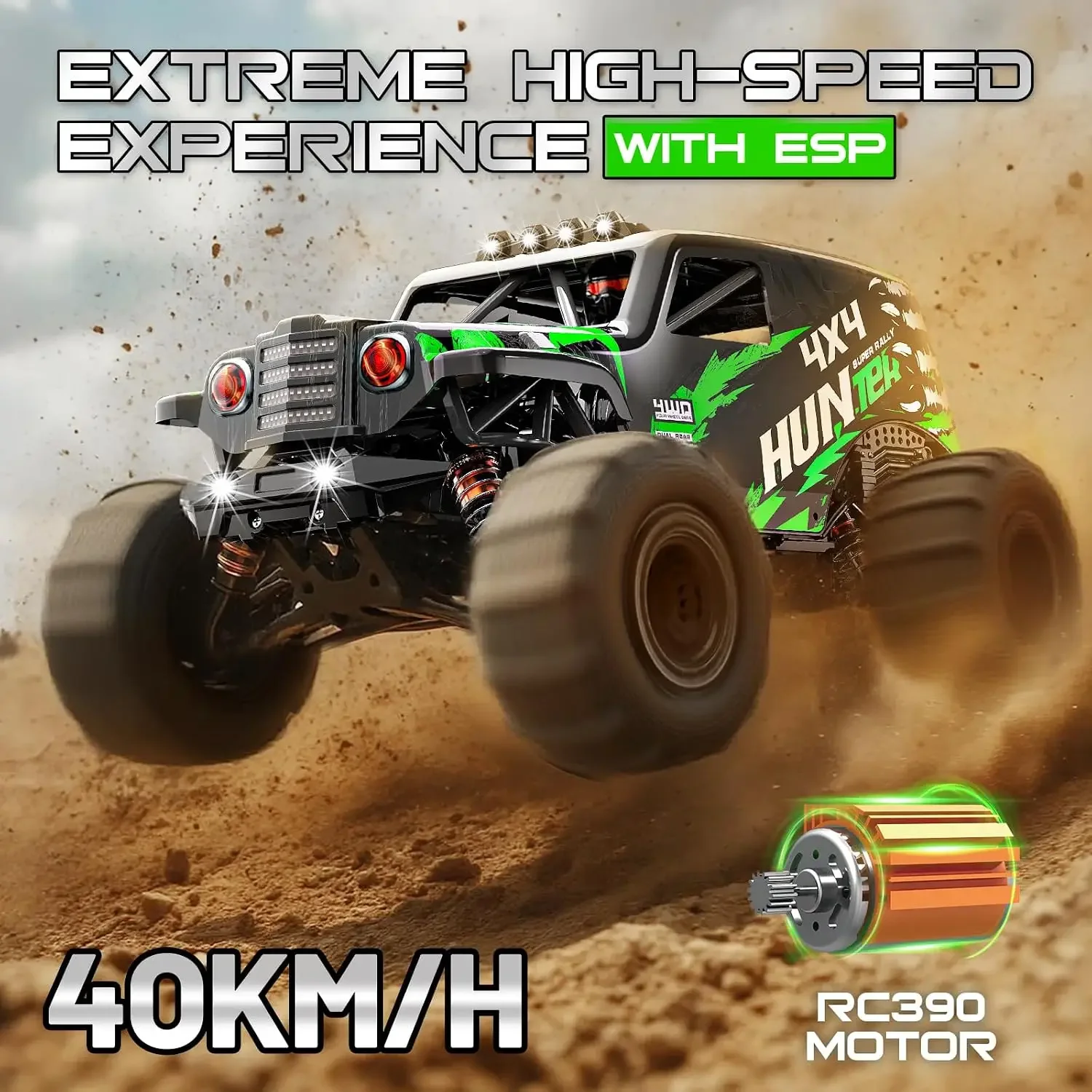 RC Cars 1:14 Scale 4WD Off-Road Monster Truck Rc, 40+ KM/H 4X4 Waterproof ESC Remote Control Car with Dual 7.4V 1300mAh