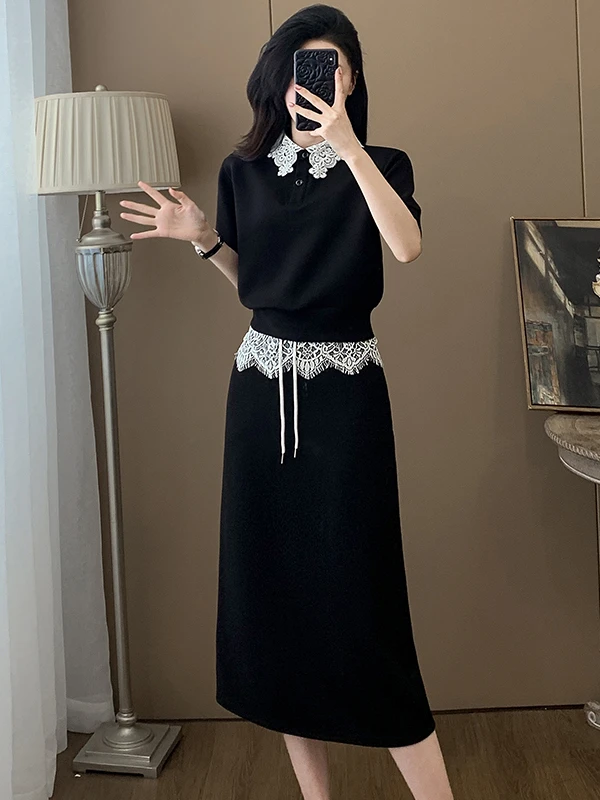 

2026 Ultra Popular Korean Style Casual Sports Two-Piece Set Women Summer Splice Lace Black Short Sleeve Top Half Skirt