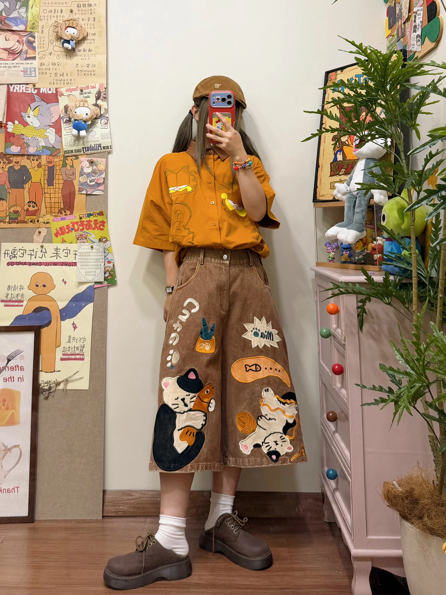 BIBULU Retro Cartoon Patchwork Denim Jeans Loose Casual Embroidered Straight Leg Pants Street Style Seven-Foot Length