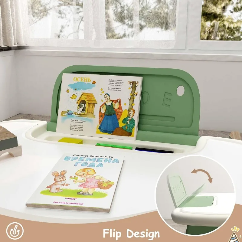 Juego de mesa y silla de dibujo para niños con bolígrafo de acuarela y Borrador de pizarra, mesa de actividades con estante de almacenamiento, muebles para niños pequeños