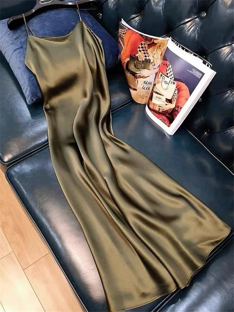 Women Slip Dress Satin Sleeveless V-Neck Solid Silk Elegant Vintage Lady 2026 Summer Female Long Spaghetti Strap Dresses Vestido