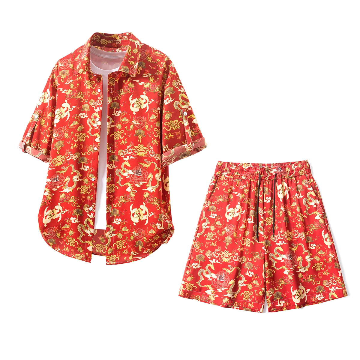 

Shirts + Shorts Man 2 Piece Set Summer 2026 Chinese Style Dragon Pattern Print Festival Outfit Hawaiian Shirt Conjunto Hombre