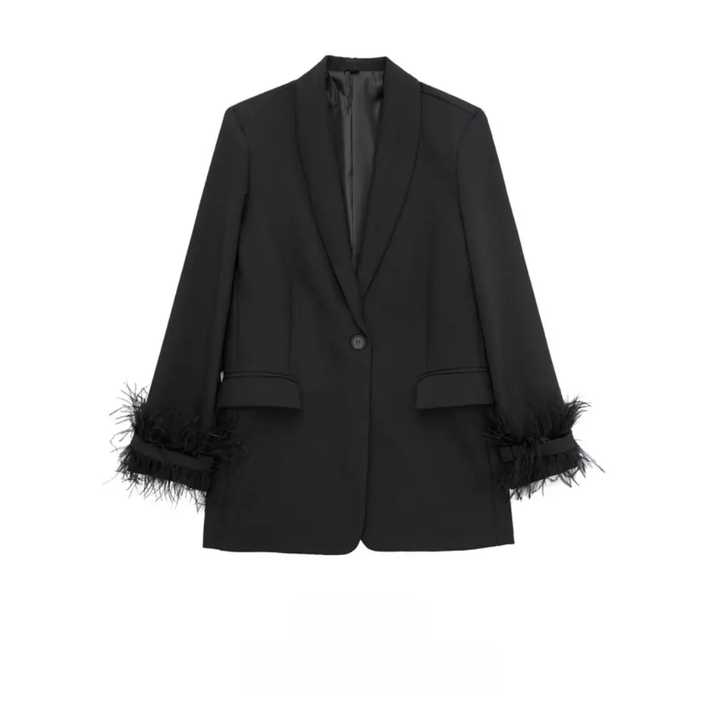 

Women's Casual Suit Jacket Fashion Joker Feather Decoration European American Style by ZR Wholesale