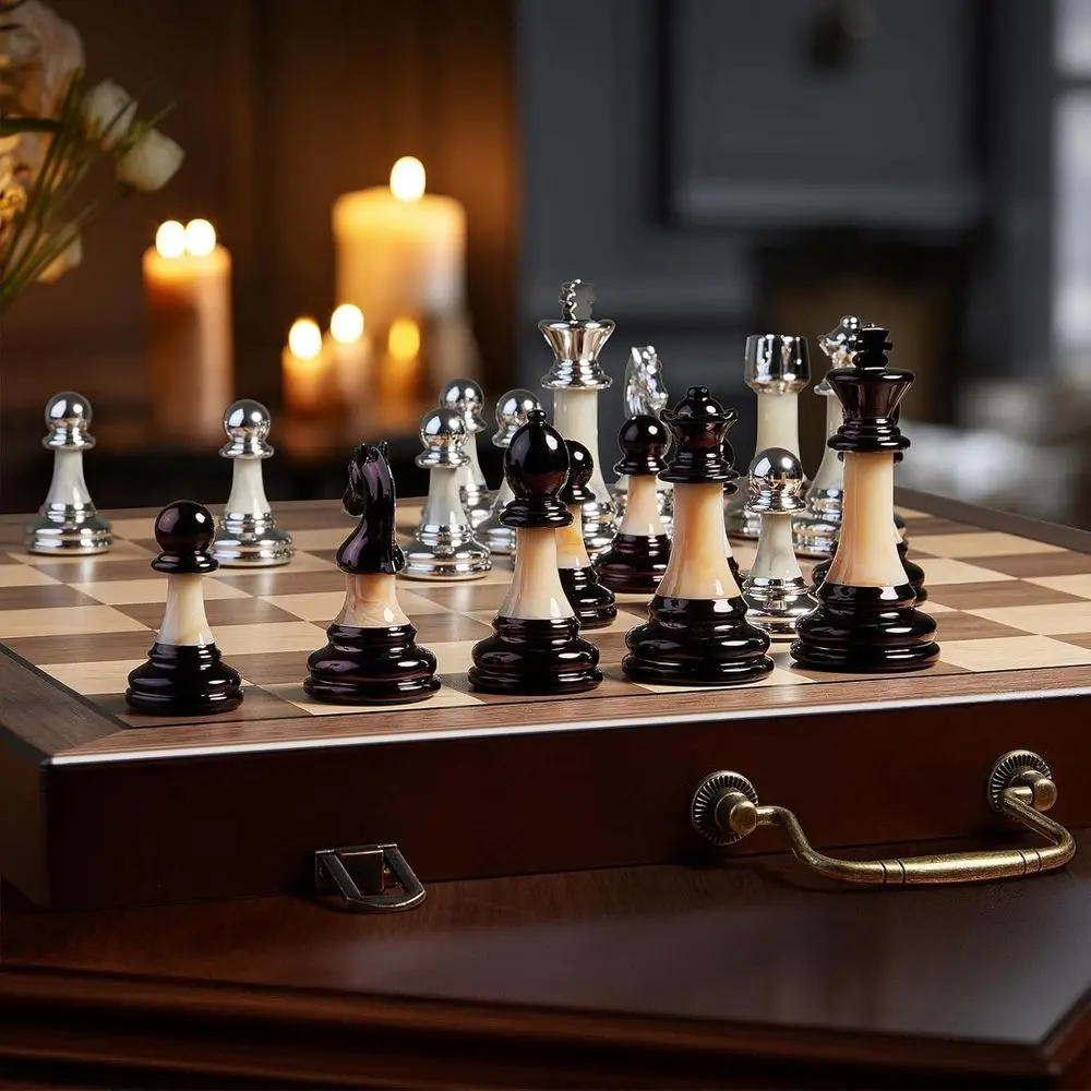 16.5 Folding Wooden Chess Set with 3.5 Acrylic Pieces, Storage and Handle for All Skill Levels