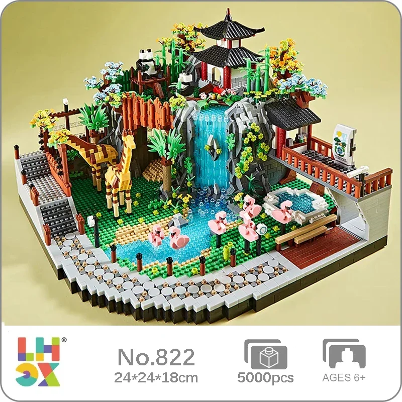 LHCX 822 World Architecture Waterfall Zoo Animal Park Panda Giraffe Flamingo DIY Mini Diamond Blocks Bricks Building Toy No Box