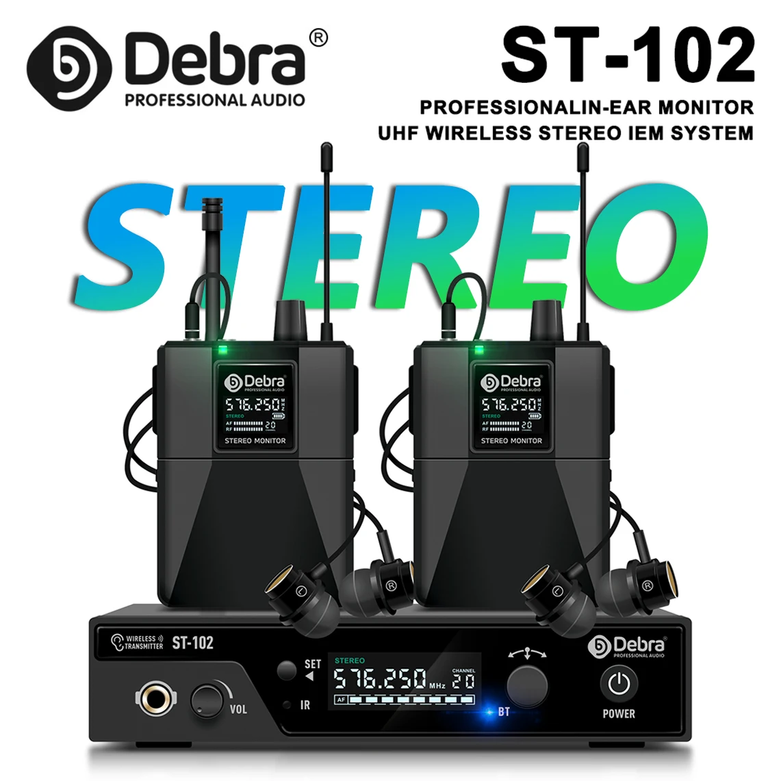 Debra ST-102 Professional Stereo Wireless In-Ear Monitor System with Bluetooth 5.0 UHF for Distance 80-300m for Stage, Theater