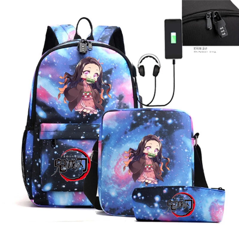 3pcs Demon Slayer Nezuko Backpacks Teens Nylon Rucksack Girl Boys Travel Backpack Women Shoulder Bag High School Schoolbags