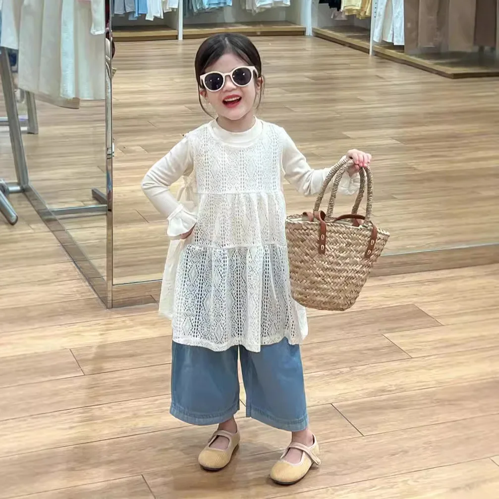 Korean Children's Clothing Girls' Lace Skirt 2025 Autumn Skirt Hollow Stacked Sling Vest Skirt Yarn Sleeve Bottoming Shirt