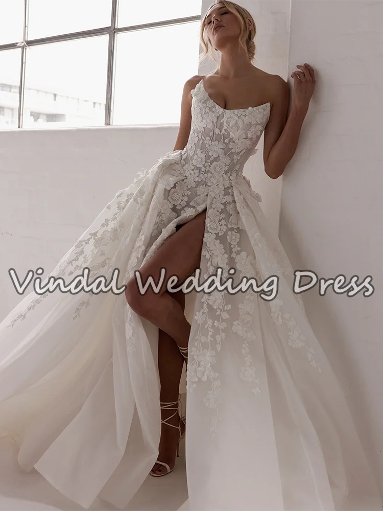 فساتين زفاف Vindal من الدانتيل بدون حمالات بفتحة عالية فساتين زفاف طويلة متدفقة فستان حفلات أنيق للعرائس حسب الطلب #2